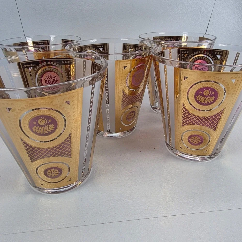 5 VTG‎ Georges Briard Signed RARE Amethyst Gold Rocks Glasses MCM Barware 22K